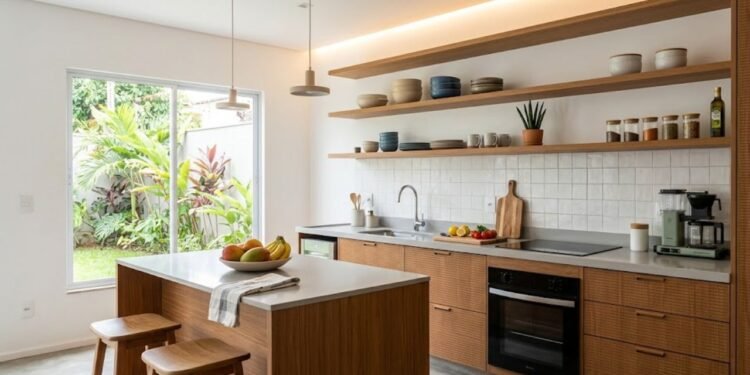 A transição para cozinhas sem armários aéreos simboliza a libertação dos espaços sobrecarregados em favor