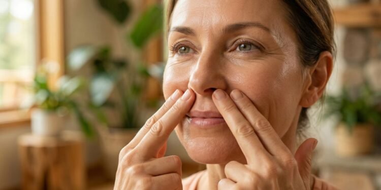 O yoga facial atua diretamente na musculatura das bochechas e ao redor da boca, áreas que sustentam o sulco nasolabial.