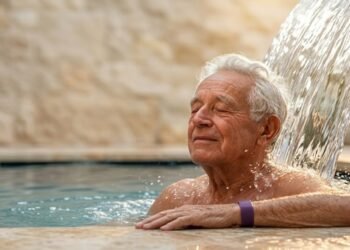 Homem idoso relaxando em uma piscina sob uma cascata de água morna, ilustrando o guia de frequência ideal de banhos para a saúde da pele após os 60 anos.