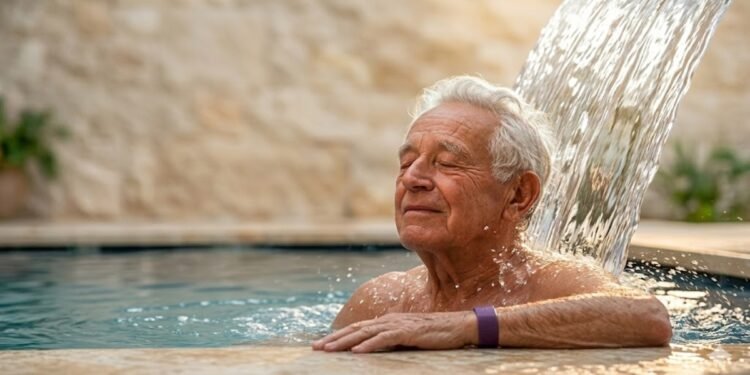 Homem idoso relaxando em uma piscina sob uma cascata de água morna, ilustrando o guia de frequência ideal de banhos para a saúde da pele após os 60 anos.