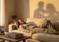 Mulher deitada confortavelmente em um sofá, de olhos fechados e sorrindo, em uma sala iluminada pelo sol; sobre a mesa de centro, um notebook fechado e uma foto antiga de um casal, enquanto uma sombra acolhedora de um abraço é projetada na parede ao fundo.