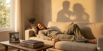 Mulher deitada confortavelmente em um sofá, de olhos fechados e sorrindo, em uma sala iluminada pelo sol; sobre a mesa de centro, um notebook fechado e uma foto antiga de um casal, enquanto uma sombra acolhedora de um abraço é projetada na parede ao fundo.