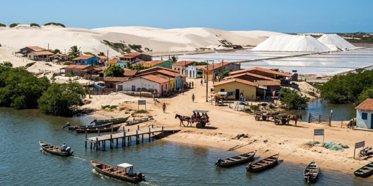 A 160 km da capital, o vilarejo sem asfalto, acessível só por barco, onde 2.100 moradores vivem entre dunas brancas e montanhas de sal