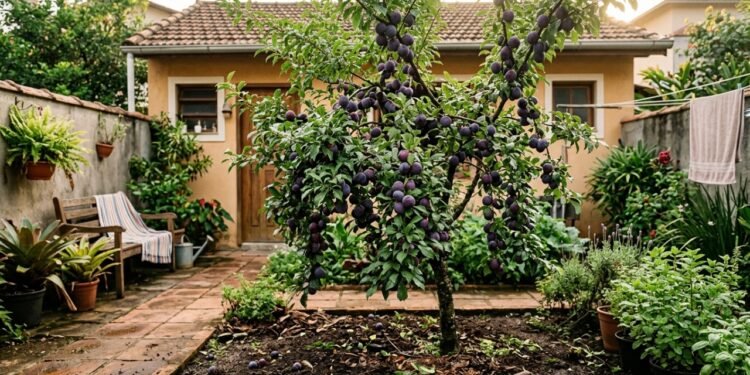 Ameixeira une porte compacto e raízes seguras garantindo sombra e frutos em quintais pequenos