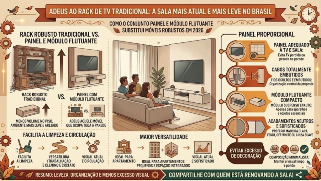 Adeus ao tradicional rack de TV: a tendência mais minimalista e inteligente para a sua sala em 2026