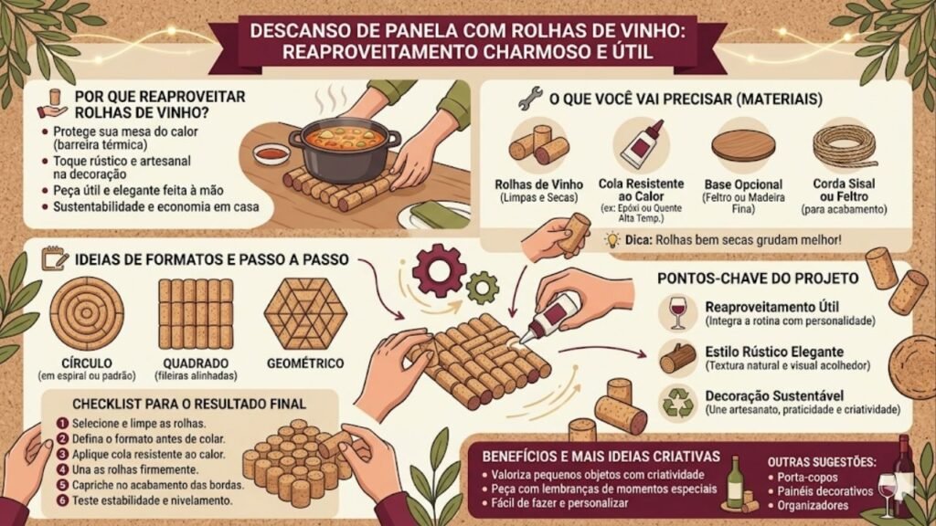 Antes de jogar fora as rolhas de vinho, transforme-as em elegantes descansos de panela para a sua mesa de jantar