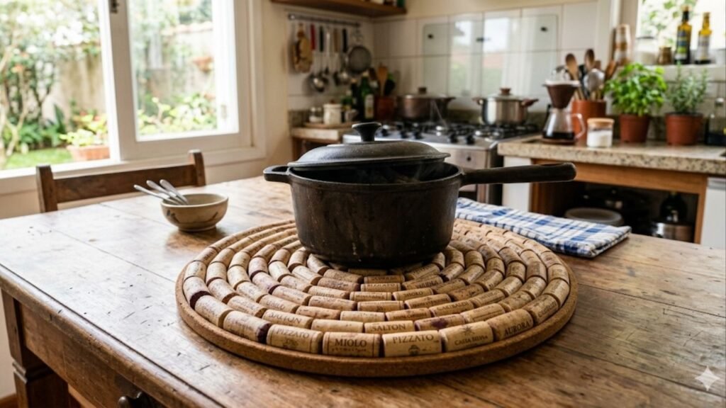 Antes de jogar fora as rolhas de vinho, transforme-as em elegantes descansos de panela para a sua mesa de jantar