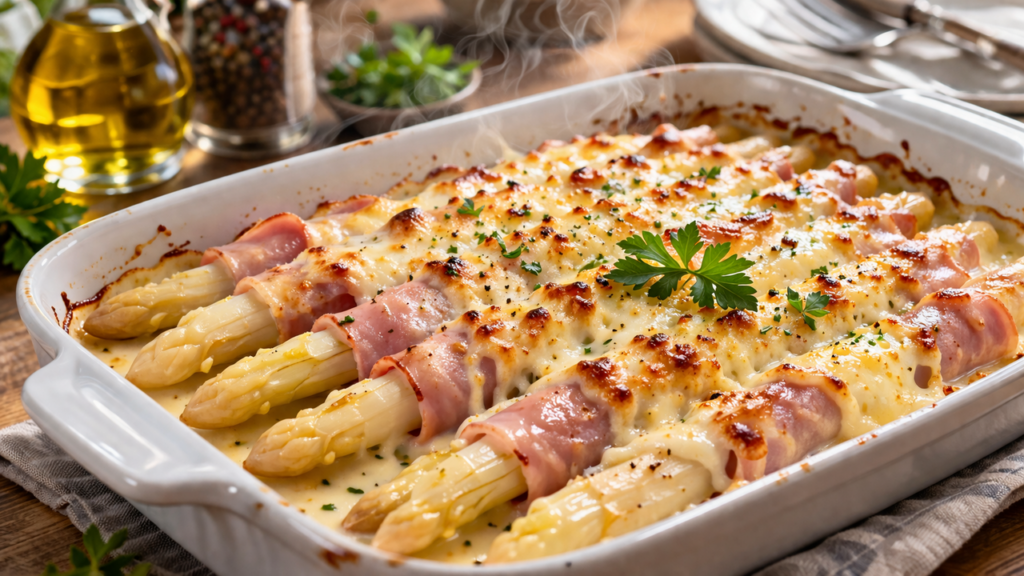 Aspargo gratinado com presunto é o prato mais elegante