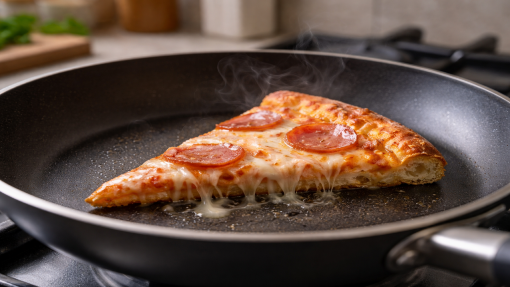 Esquentar pizza na frigideira deixa crocante de novo