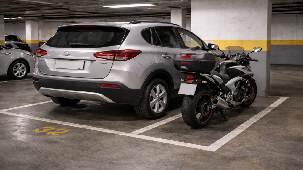Carro e moto na mesma vaga