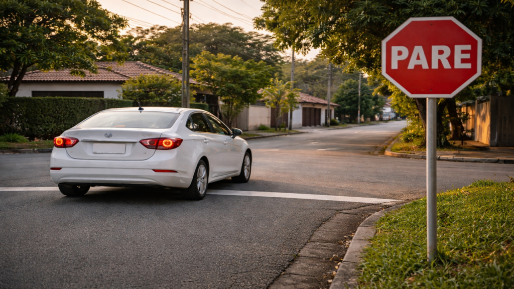 Placa PARE exige parada total e muitos ignoram