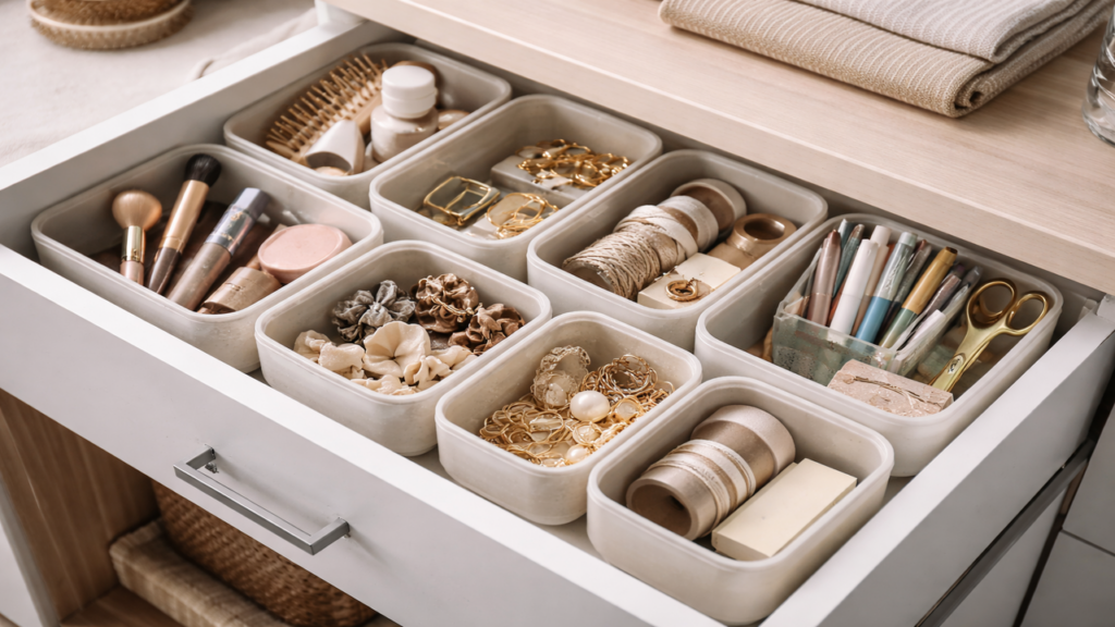 Organizadores com potes sem tampa facilitam a rotina