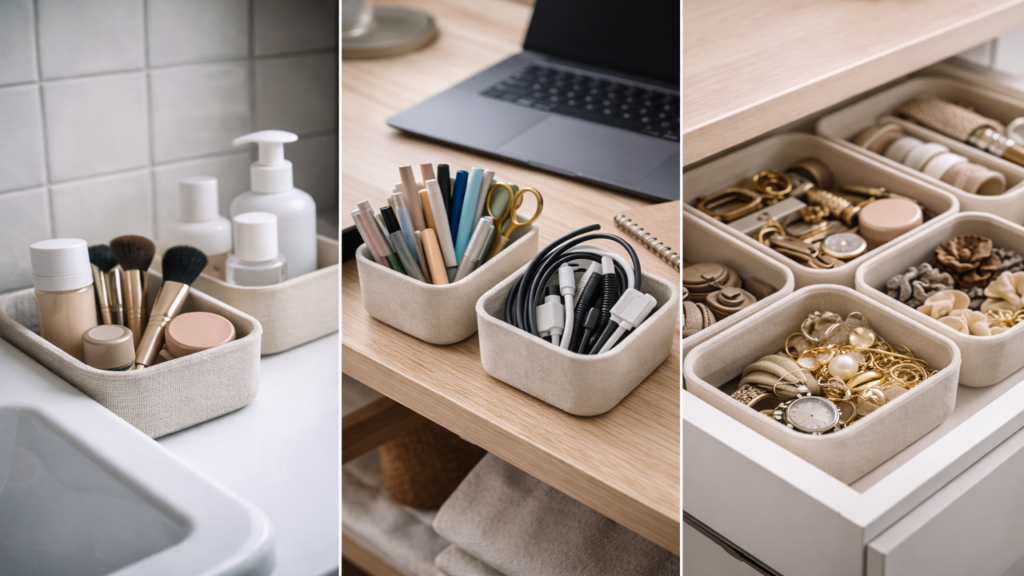Organizadores com potes sem tampa facilitam a rotina