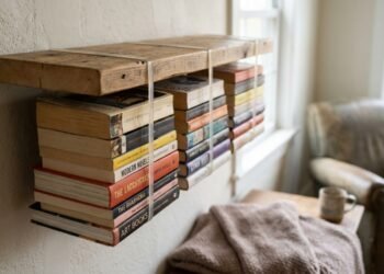 Com uma prateleira de madeira e um pouco de elástico, aprenda a fazer uma pequena estante flutuante