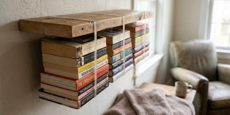 Com uma prateleira de madeira e um pouco de elástico, aprenda a fazer uma pequena estante flutuante