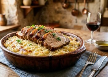 Lombo de porco assado com batatas raladas: um almoço delicioso preparado em uma só panela