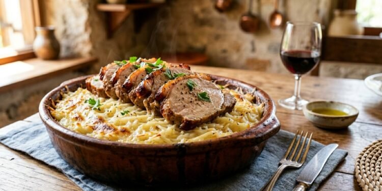 Lombo de porco assado com batatas raladas: um almoço delicioso preparado em uma só panela