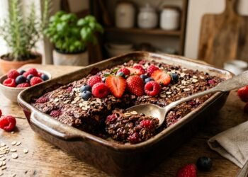 Mingau de aveia assado com cacau e frutos vermelhos: um café da manhã saudável, rico em fibras e antioxidantes