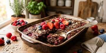 Mingau de aveia assado com cacau e frutos vermelhos: um café da manhã saudável, rico em fibras e antioxidantes