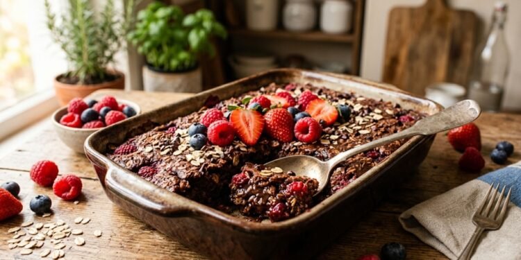 Mingau de aveia assado com cacau e frutos vermelhos: um café da manhã saudável, rico em fibras e antioxidantes