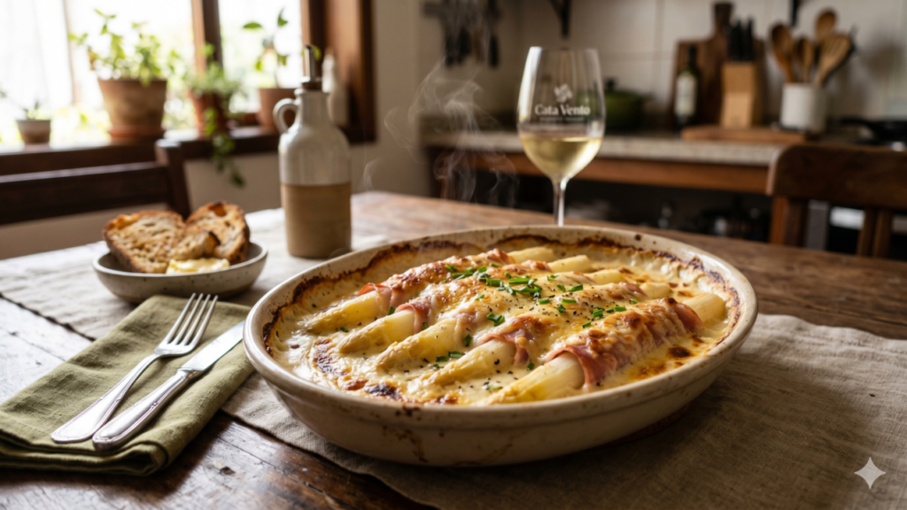 Aspargo gratinado com presunto é o prato mais elegante