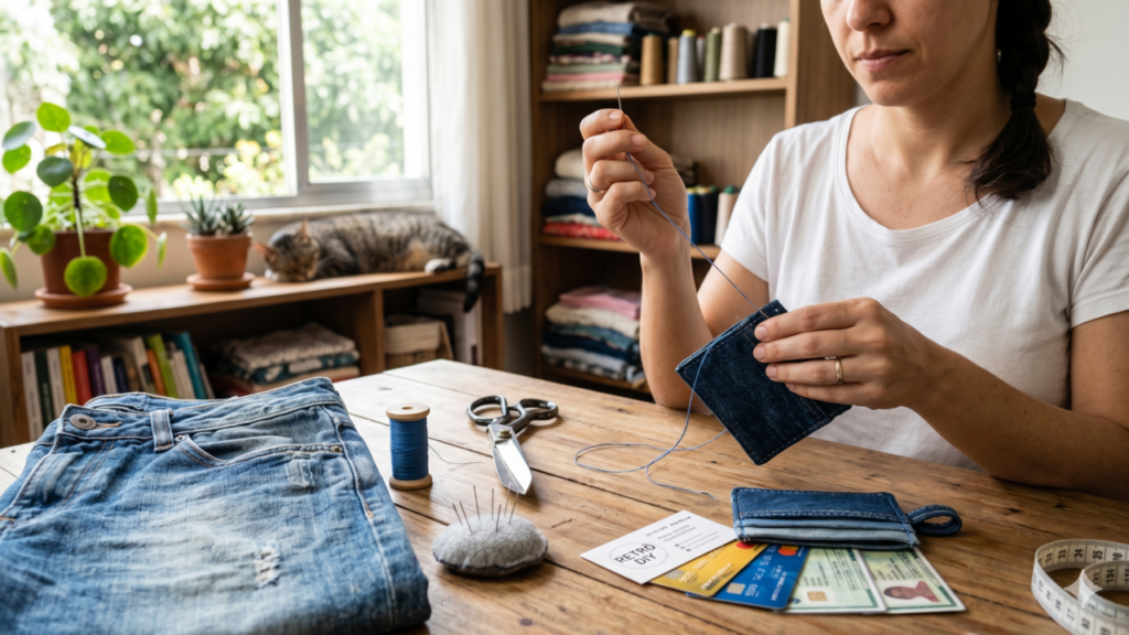 Jeans velho vira o melhor porta-cartão DIY