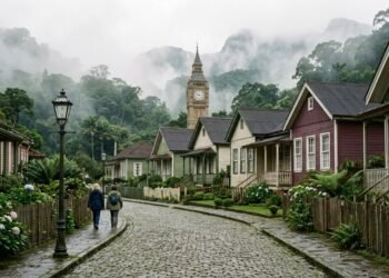 A vila vitoriana inglesa a 1 hora de São Paulo que parece cenário de filme com casas de madeira e névoa constante