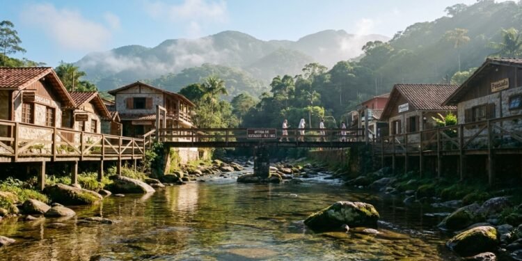 A 210 km da capital, o vilarejo de 5 mil moradores com 100 cachoeiras, onde o rio divide duas margens em estados diferentes