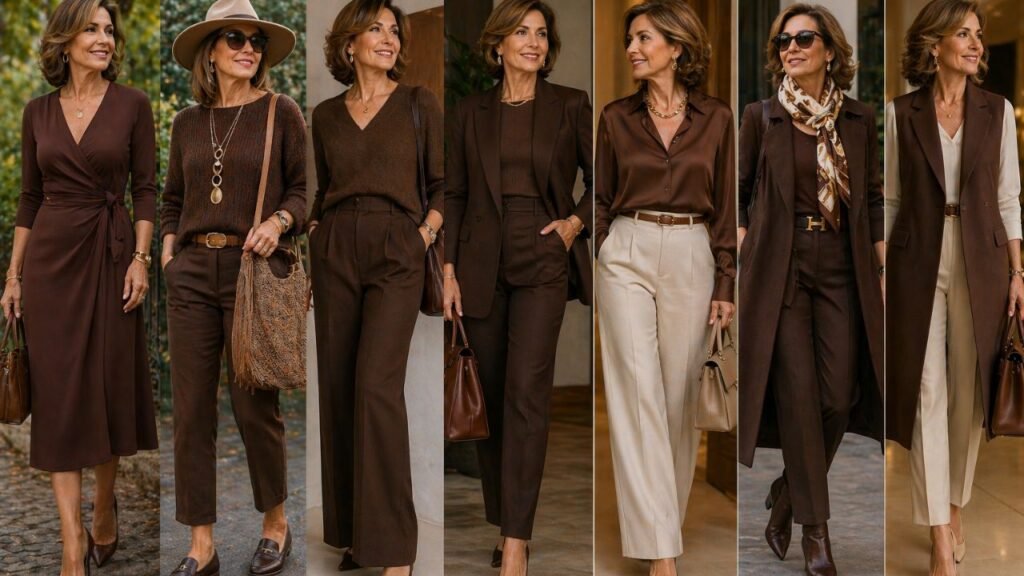 7 looks em marrom chocolate elegante que deixam mulheres 50+ mais refinadas e atuais