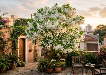 A árvore de flores brancas que cria um espetáculo visual e perfuma todo o quintal