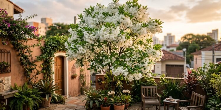 A árvore de flores brancas que cria um espetáculo visual e perfuma todo o quintal