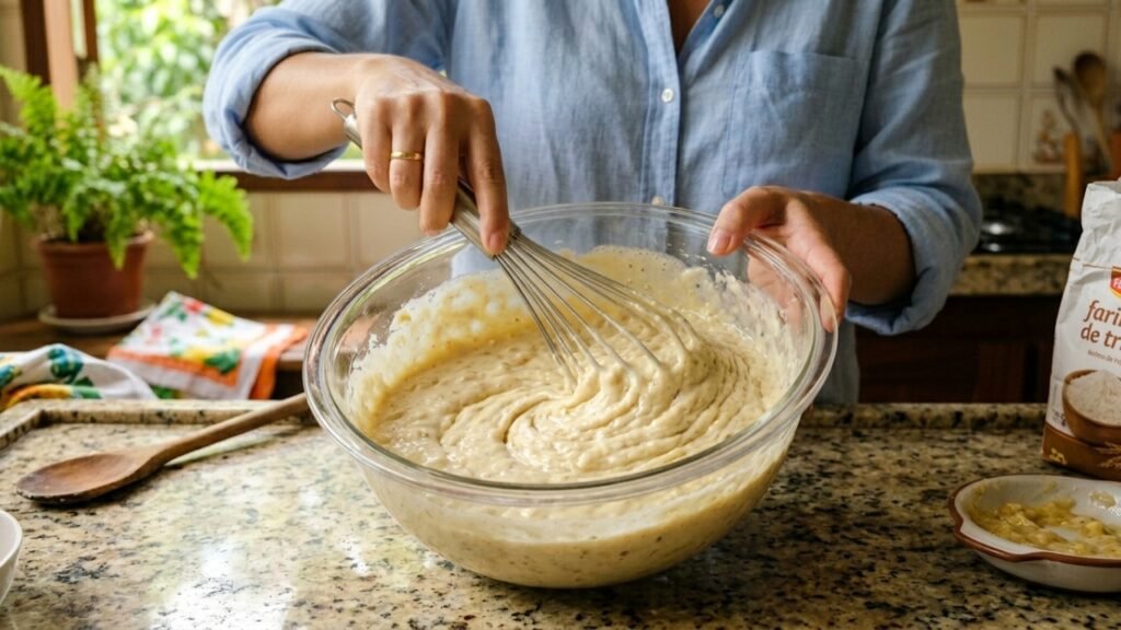 A proporção exata de trigo e amido de milho que garante um bolo de banana fofinho e leve