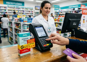 Uma máquina de cartão em balcão de farmácia exibindo solicitação de CPF na tela, ao lado de um medicamento com etiqueta de desconto, ambiente realista de drogaria, iluminação clara, sensação de alerta e decisão