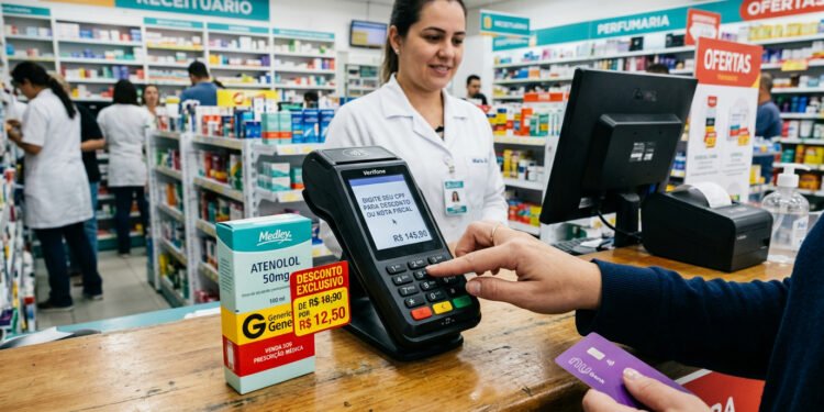 Uma máquina de cartão em balcão de farmácia exibindo solicitação de CPF na tela, ao lado de um medicamento com etiqueta de desconto, ambiente realista de drogaria, iluminação clara, sensação de alerta e decisão