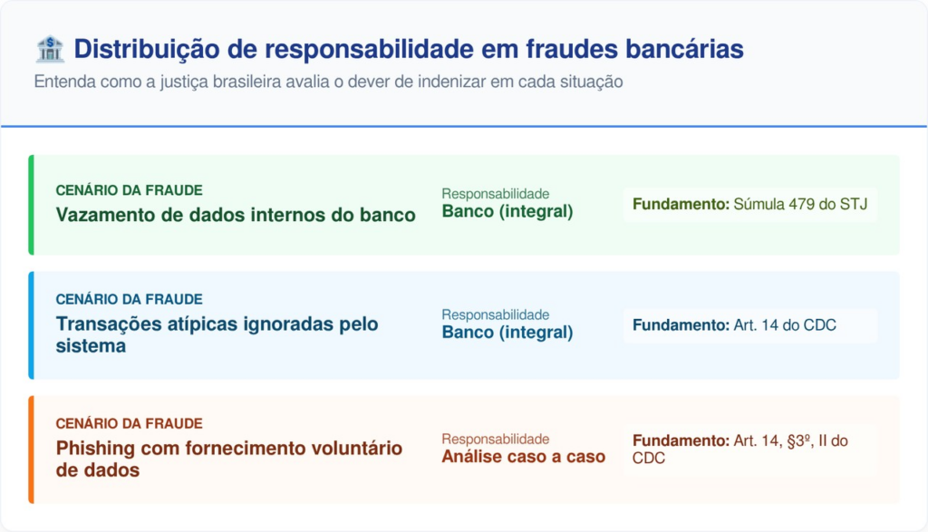 A culpa do cliente pode isentar o banco, mas falhas de segurança geralmente favorecem o consumidor.