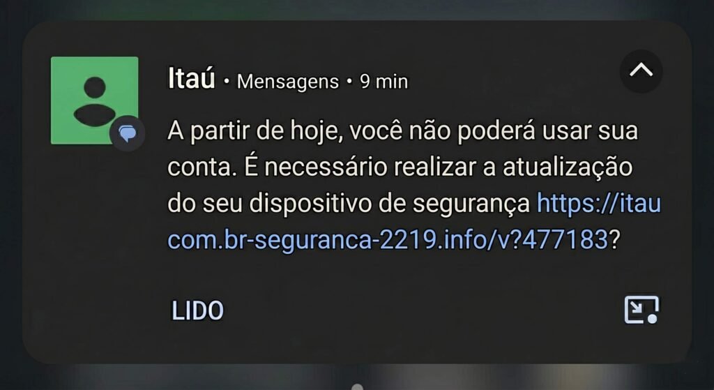 Mensagem de exemplo de golpista se passando por banco via SMS