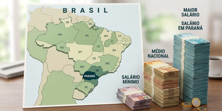 Paraná se junta a São Paulo e Rio Grande do Sul com salário acima do nacional enquanto Pará, Amapá, Piauí, DF e outros 19 estados seguem com o menor valor em 2026
