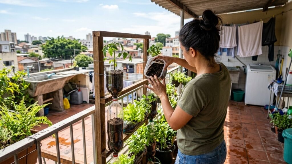 O método criativo para ter uma horta de tomates na varanda usando garrafas pet
