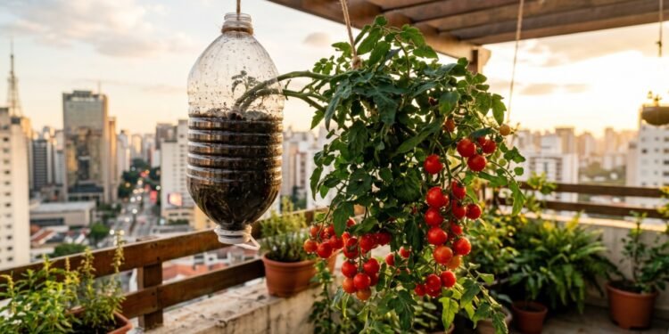 Aprenda a cultivar tomates em vasos suspensos de pet ideais para varandas pequenas
