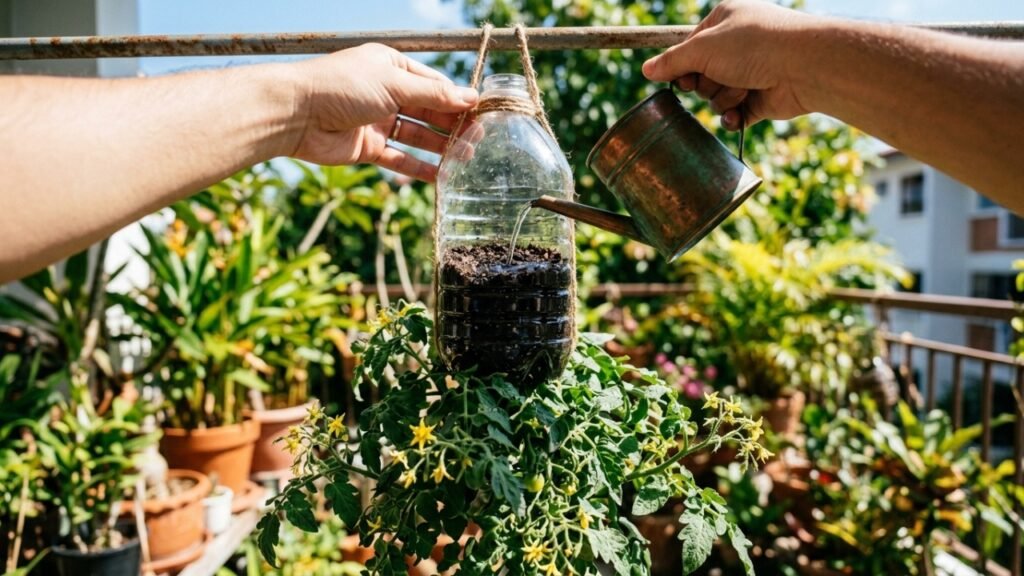 Cultivo de tomate de cabeça para baixo em pet une sustentabilidade e praticidade