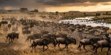 A Grande Migração revela milhões de animais cruzando rios e predadores na savana africana