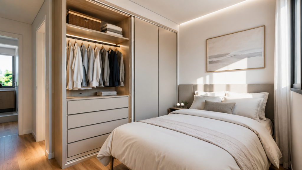 O mini closet embutido é uma versão compacta do closet para dormitórios
