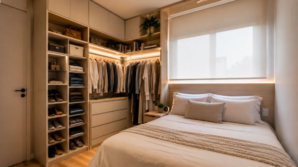 O mini closet embutido é uma versão compacta do closet para dormitórios