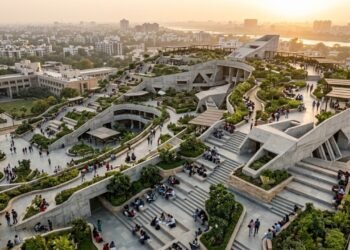 Universidade indiana constrói cobertura escalonada com 9.000 lugares, inspirada em poços históricos de mil anos, para melhorar a ventilação e o uso público