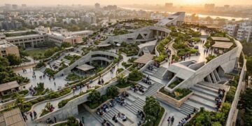 Universidade indiana constrói cobertura escalonada com 9.000 lugares, inspirada em poços históricos de mil anos, para melhorar a ventilação e o uso público