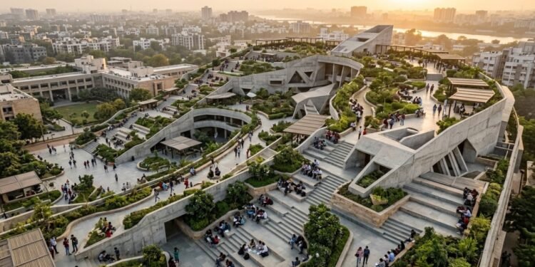 Universidade indiana constrói cobertura escalonada com 9.000 lugares, inspirada em poços históricos de mil anos, para melhorar a ventilação e o uso público