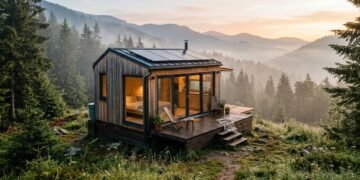 O estúdio eslovaco Ark-Shelter projetou uma microcasa autossuficiente de apenas 20 m² com terraços dobráveis ​​e energia solar autônoma