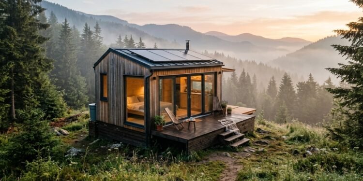 O estúdio eslovaco Ark-Shelter projetou uma microcasa autossuficiente de apenas 20 m² com terraços dobráveis ​​e energia solar autônoma