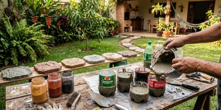 Crie pedras para jardim usando garrafas velhas e monte um caminho bonito de forma prática