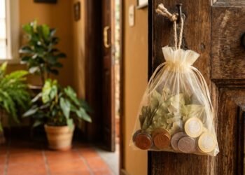 Pendurar um saquinho com folhas de louro e moedas na porta da frente da casa